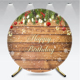 Aperturee - Aperturee Happy Birthday Round Backdrop Rustic Wood Winter Snow Pine Christmas Light