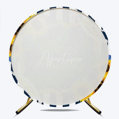 Aperturee - Aperturee Happy Birthday Round Backdrop Sunflower and Blue Rose Floral Navy Blue White Stripes Party Decor