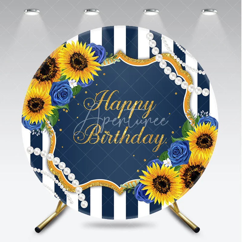 Aperturee - Aperturee Happy Birthday Round Backdrop Sunflower and Blue Rose Floral Navy Blue White Stripes Party Decor