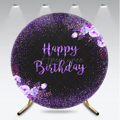 Aperturee Aperturee Happy Birthday Round Backdrop for Women Black and Purple Glitter with Floral Elegant Milestone Party Photo Prop