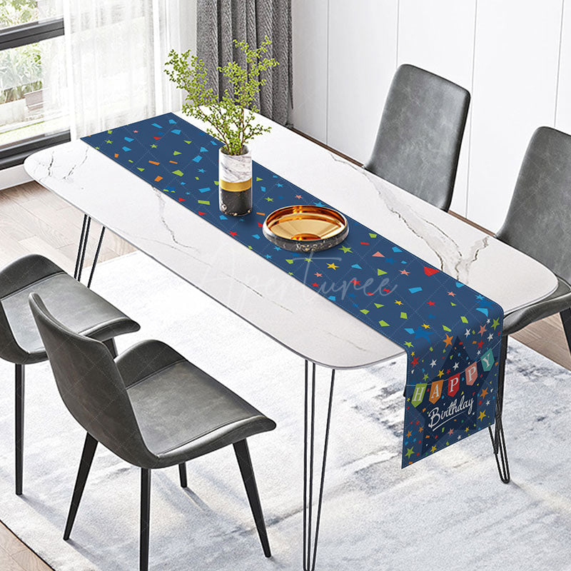 Aperturee - Aperturee Happy Birthday Table Runner with Blue and Colorful Stars Festive Party Supplies for Kids Boys Table Decoration