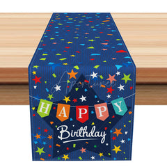 Aperturee - Aperturee Happy Birthday Table Runner with Blue and Colorful Stars Festive Party Supplies for Kids Boys Table Decoration
