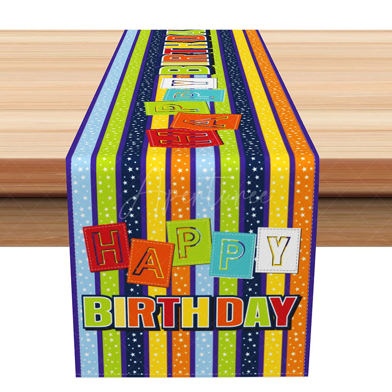 Aperturee - Aperturee Happy Birthday Table Runner with Colorful Stripes and Sparkles for Fun and Festive Party Table Decor