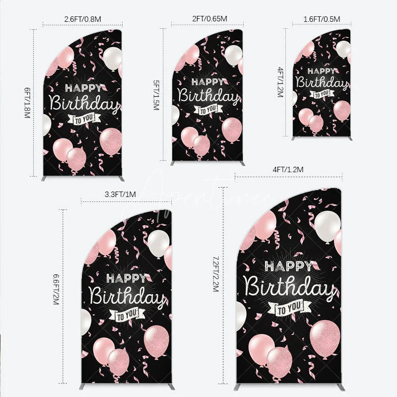 Aperturee - Aperturee Happy Birthday to You Pink and White Balloons Half Moon Arch Backdrop Glitter Confetti Party Cover
