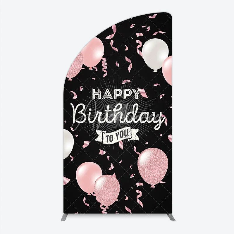 Aperturee - Aperturee Happy Birthday to You Pink and White Balloons Half Moon Arch Backdrop Glitter Confetti Party Cover