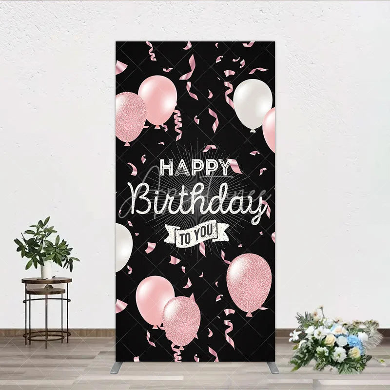 Aperturee - Aperturee Happy Birthday to You Pink and White Balloons Rectangle Backdrop Glitter Confetti Party Cover