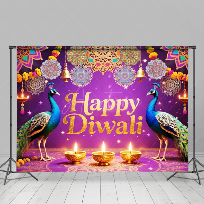 Aperturee - Aperturee Happy Diwali Backdrop for Festival of Lights Indian Celebration with Peacocks Diya Lamps and Mandala Decor
