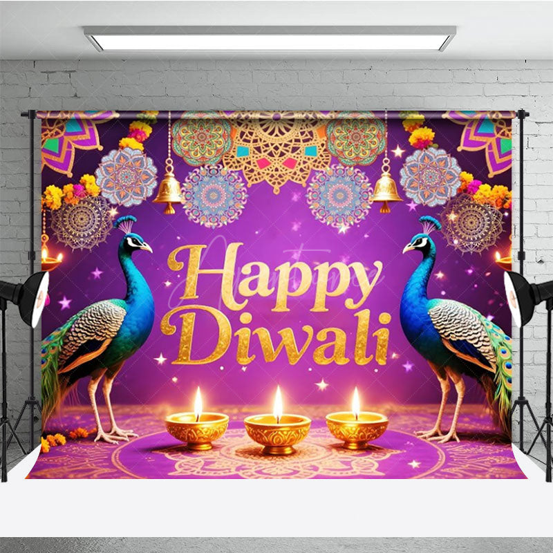 Aperturee - Aperturee Happy Diwali Backdrop for Festival of Lights Indian Celebration with Peacocks Diya Lamps and Mandala Decor