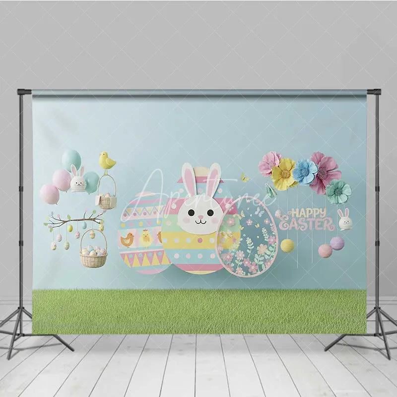 Aperturee - Aperturee Happy Easter Backdrop Blue Paper Craft Style Bunny Flower Eggs Photography Background Kids Party Decoration
