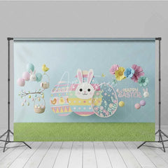 Aperturee - Aperturee Happy Easter Backdrop Blue Paper Craft Style Bunny Flower Eggs Photography Background Kids Party Decoration