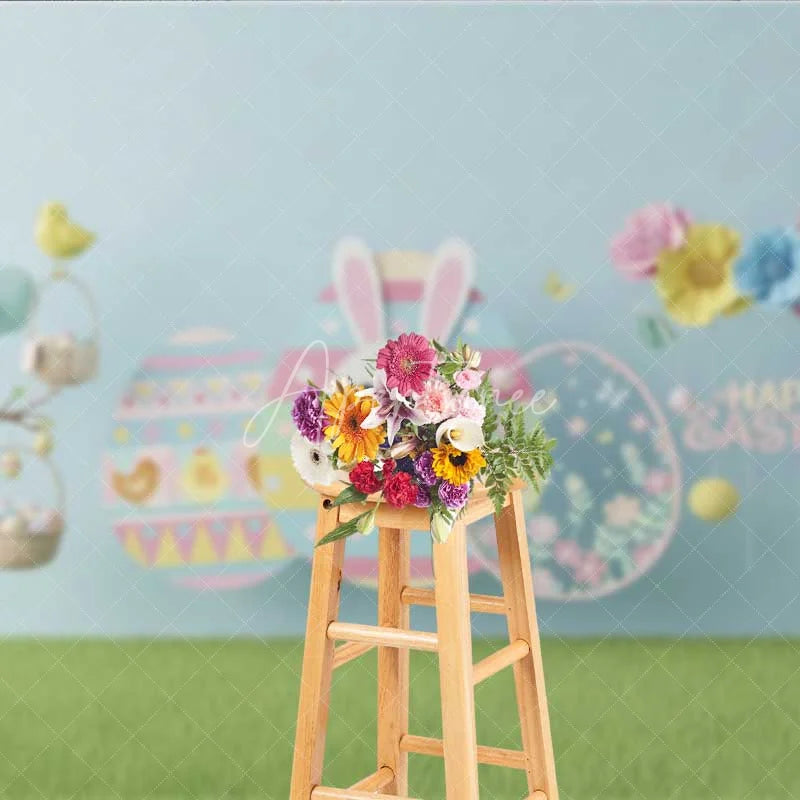 Aperturee - Aperturee Happy Easter Backdrop Blue Paper Craft Style Bunny Flower Eggs Photography Background Kids Party Decoration