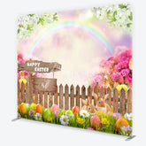 Aperturee - Aperturee Happy Easter Bunnies and Colorful Eggs Backdrop Spring Garden Rainbow Party Decor Tension Fabric Backdrop