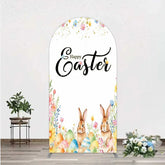 Aperturee - Aperturee Happy Easter Bunnies with Colorful Eggs and Flowers Arch Backdrop Gold Glitter Spring Party Decor