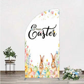 Aperturee - Aperturee Happy Easter Bunnies with Colorful Eggs and Flowers Half Moon Arch Backdrop Gold Glitter Spring Party Decor