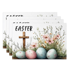 Aperturee - Aperturee Happy Easter Cross Set of 4 Placemats Pink Floral Speckled Eggs Table Mats Religious Spring Holiday Kitchen Decor
