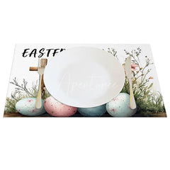 Aperturee - Aperturee Happy Easter Cross Set of 4 Placemats Pink Floral Speckled Eggs Table Mats Religious Spring Holiday Kitchen Decor
