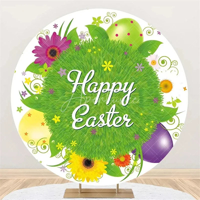 Aperturee - Aperturee Happy Easter Round Backdrop Colorful Egg Twig Wreath Cover Spring Floral Circle Background