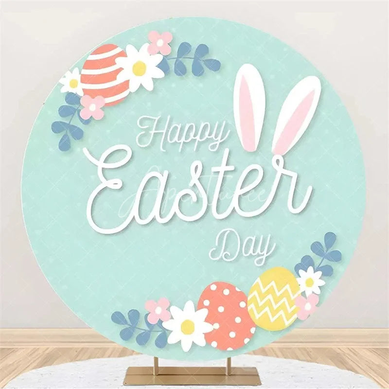 Aperturee - Aperturee Happy Easter Round Backdrop Colorful Egg Twig Wreath Cover Spring Floral Circle Background