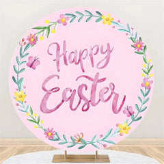 Aperturee - Aperturee Happy Easter Round Backdrop Colorful Egg Twig Wreath Cover Spring Floral Circle Background
