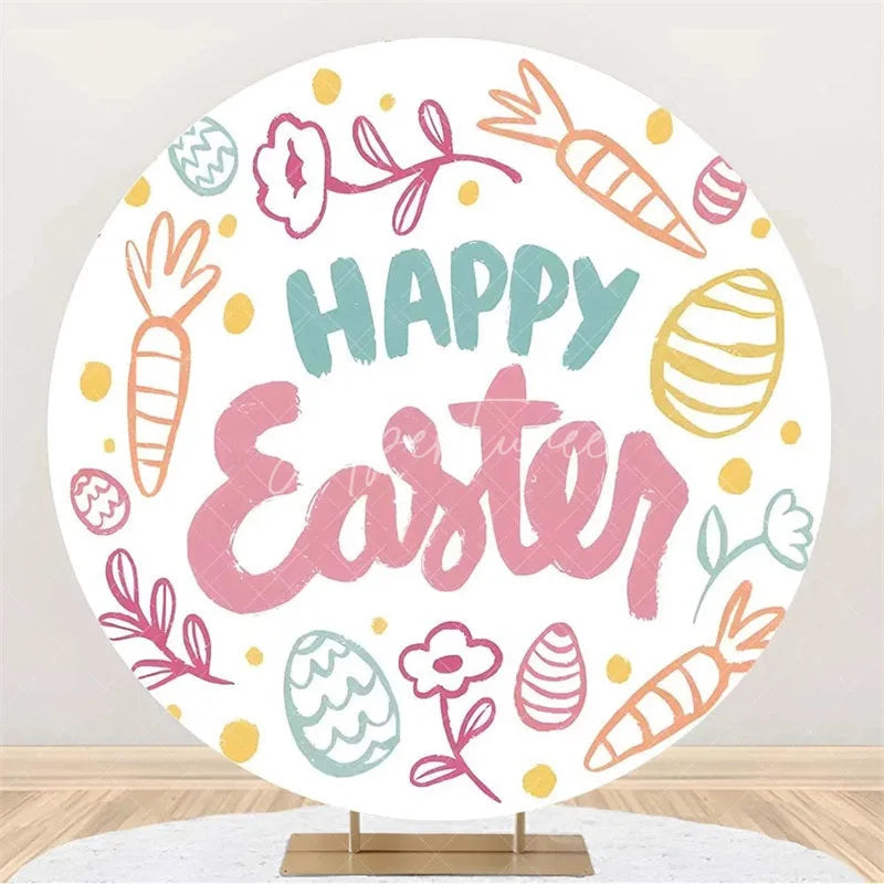 Aperturee - Aperturee Happy Easter Round Backdrop Colorful Egg Twig Wreath Cover Spring Floral Circle Background