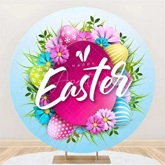 Aperturee - Aperturee Happy Easter Round Backdrop Colorful Egg Twig Wreath Cover Spring Floral Circle Background