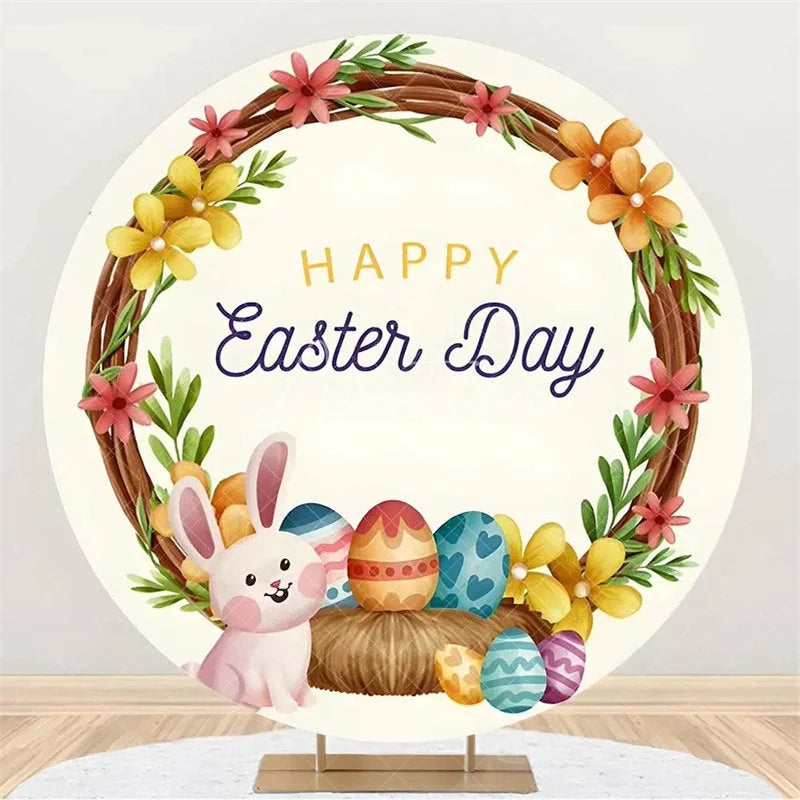 Aperturee - Aperturee Happy Easter Round Backdrop Colorful Egg Twig Wreath Cover Spring Floral Circle Background