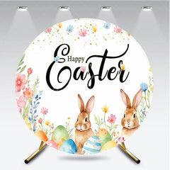 Aperturee - Aperturee Happy Easter Round Backdrop Watercolor Bunny and Spring Eggs Party Photography Background