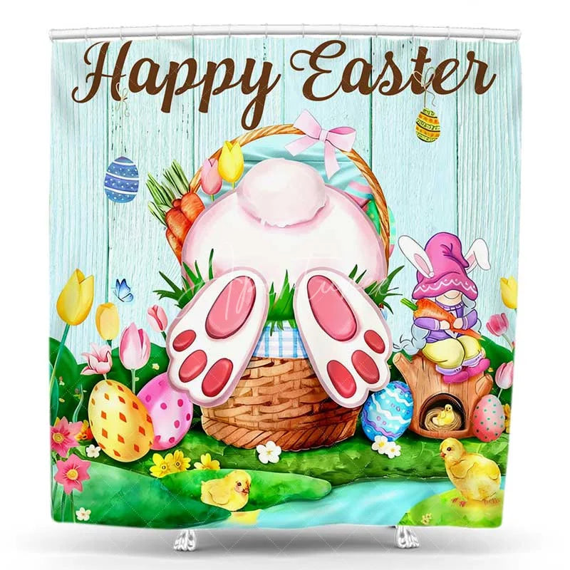 Aperturee - Aperturee Happy Easter Shower Curtain Funny Bunny Butt Basket Gnome Bathroom Decoration Rustic Wood Spring Holiday Bath Set
