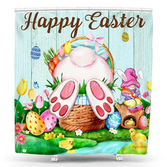 Aperturee - Aperturee Happy Easter Shower Curtain Funny Bunny Butt Basket Gnome Bathroom Decoration Rustic Wood Spring Holiday Bath Set