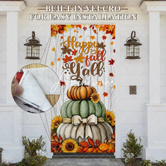 Aperturee - Aperturee Happy Fall Y’all Stacked Pumpkins and Sunflowers Door Cover Rustic Autumn Thanksgiving Decor