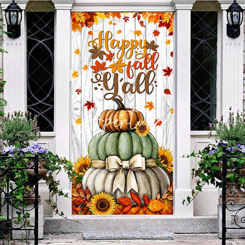 Aperturee - Aperturee Happy Fall Y’all Stacked Pumpkins and Sunflowers Door Cover Rustic Autumn Thanksgiving Decor