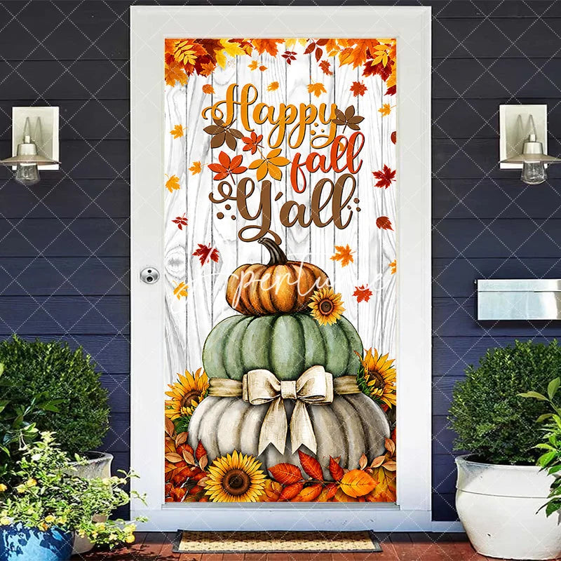 Aperturee - Aperturee Happy Fall Y’all Stacked Pumpkins and Sunflowers Door Cover Rustic Autumn Thanksgiving Decor
