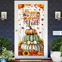 Aperturee - Aperturee Happy Fall Y’all Stacked Pumpkins and Sunflowers Door Cover Rustic Autumn Thanksgiving Decor