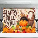 Aperturee - Aperturee Happy Fall Y’all Backdrop for Thanksgiving Autumn Harvest Cornucopia with Pumpkins Rustic Farmhouse Decor