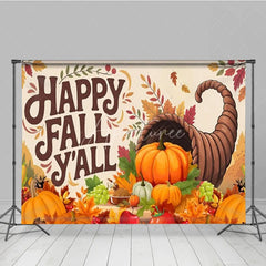 Aperturee - Aperturee Happy Fall Y’all Backdrop for Thanksgiving Autumn Harvest Cornucopia with Pumpkins Rustic Farmhouse Decor