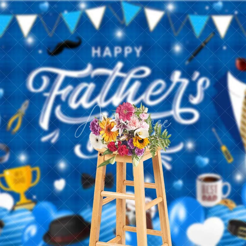 Aperturee - Aperturee Happy Fathers Day Backdrop Blue Plaid and Masculine Elements Background Best Dad Trophy and Tools Party Banner