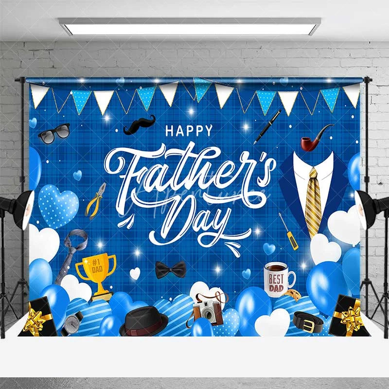 Aperturee - Aperturee Happy Fathers Day Backdrop Blue Plaid and Masculine Elements Background Best Dad Trophy and Tools Party Banner