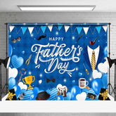 Aperturee - Aperturee Happy Fathers Day Backdrop Blue Plaid and Masculine Elements Background Best Dad Trophy and Tools Party Banner
