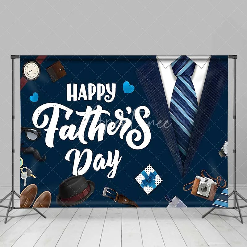 Aperturee - Aperturee Happy Fathers Day Backdrop Navy Blue Suit and Tie Photography Background Masculine Accessories Party Decorations