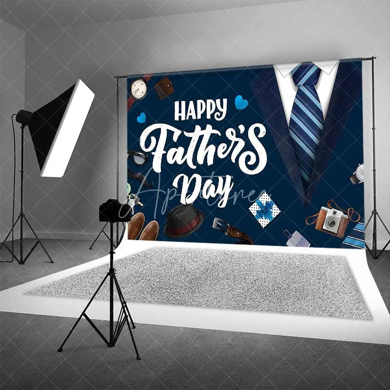 Aperturee - Aperturee Happy Fathers Day Backdrop Navy Blue Suit and Tie Photography Background Masculine Accessories Party Decorations