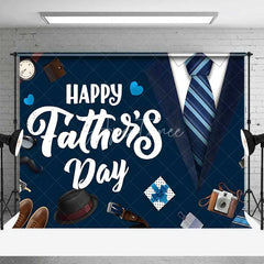 Aperturee - Aperturee Happy Fathers Day Backdrop Navy Blue Suit and Tie Photography Background Masculine Accessories Party Decorations