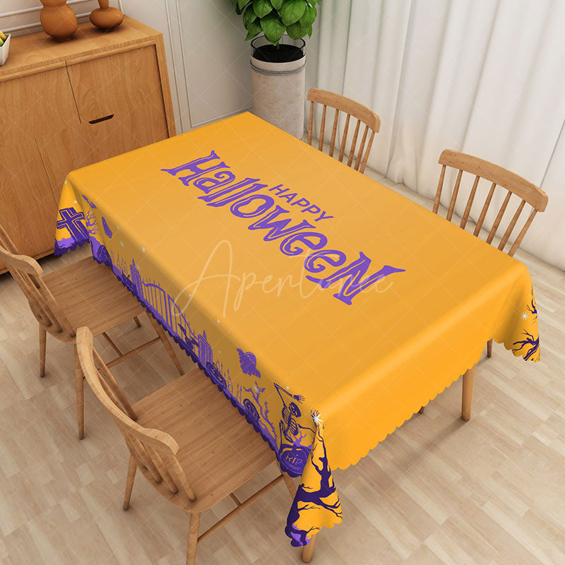 Aperturee - Aperturee Happy Halloween Rectangle Tablecloth in Yellow and Purple for Fun and Colorful Kids Spooky Party Decor