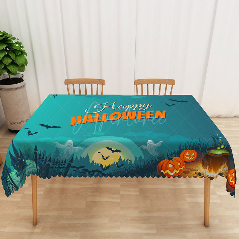Aperturee - Aperturee Happy Halloween Rectangle Tablecloth with Jack O’ Lantern Pumpkins for Spooky Holiday Party Decor