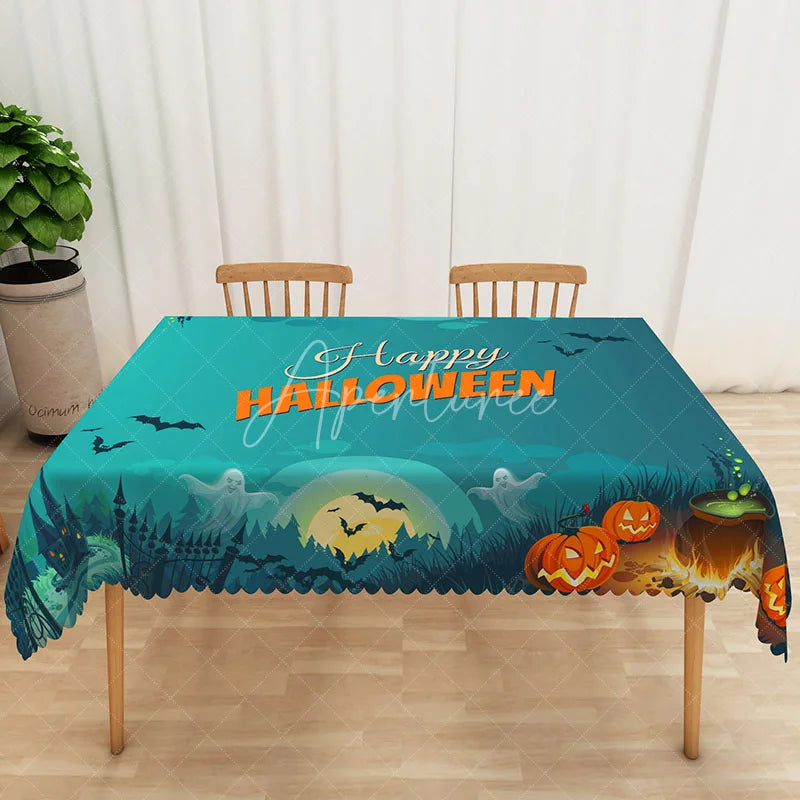Aperturee - Aperturee Happy Halloween Rectangle Tablecloth with Jack O’ Lantern Pumpkins for Spooky Holiday Party Decor