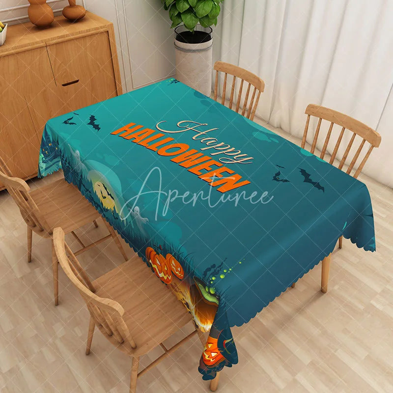 Aperturee - Aperturee Happy Halloween Rectangle Tablecloth with Jack O’ Lantern Pumpkins for Spooky Holiday Party Decor