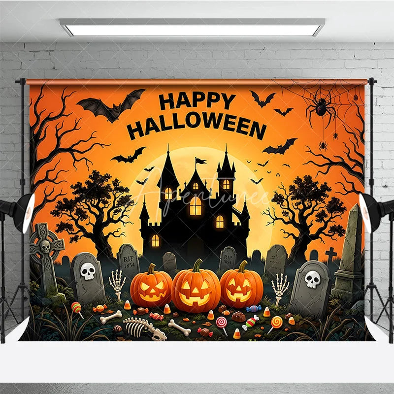 Aperturee - Aperturee Happy Halloween Spooky Castle and Jack-O-Lanterns Holiday Backdrop Spiders Eerie Graveyard Scene Party Decor