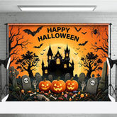 Aperturee - Aperturee Happy Halloween Spooky Castle and Jack-O-Lanterns Holiday Backdrop Spiders Eerie Graveyard Scene Party Decor