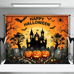 Aperturee - Aperturee Happy Halloween Spooky Castle and Jack-O-Lanterns Holiday Backdrop Spiders Eerie Graveyard Scene Party Decor