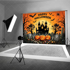 Aperturee - Aperturee Happy Halloween Spooky Castle and Jack-O-Lanterns Holiday Backdrop Spiders Eerie Graveyard Scene Party Decor