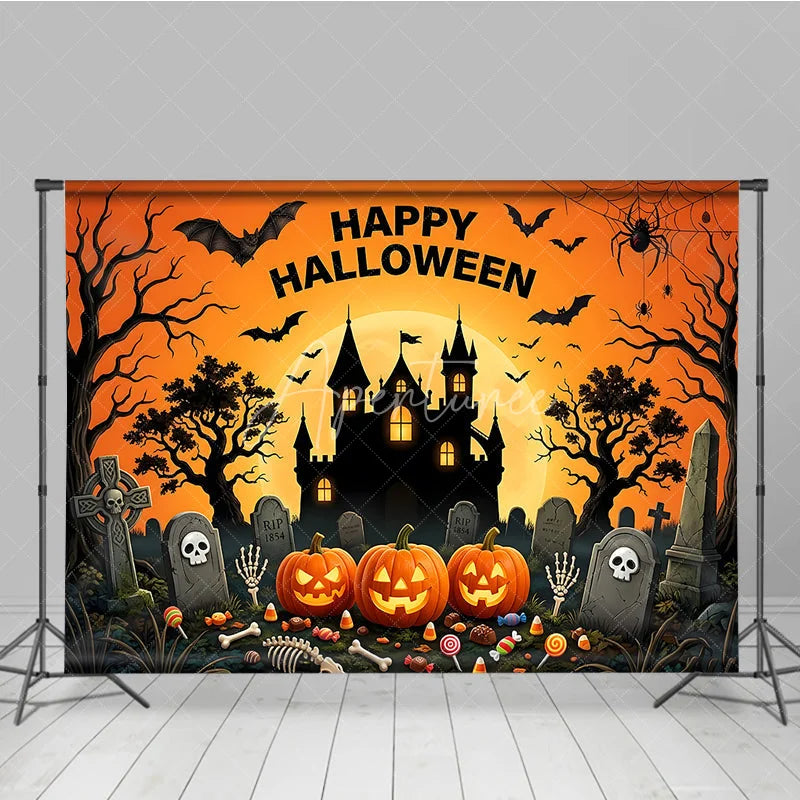 Aperturee - Aperturee Happy Halloween Spooky Castle and Jack-O-Lanterns Holiday Backdrop Spiders Eerie Graveyard Scene Party Decor
